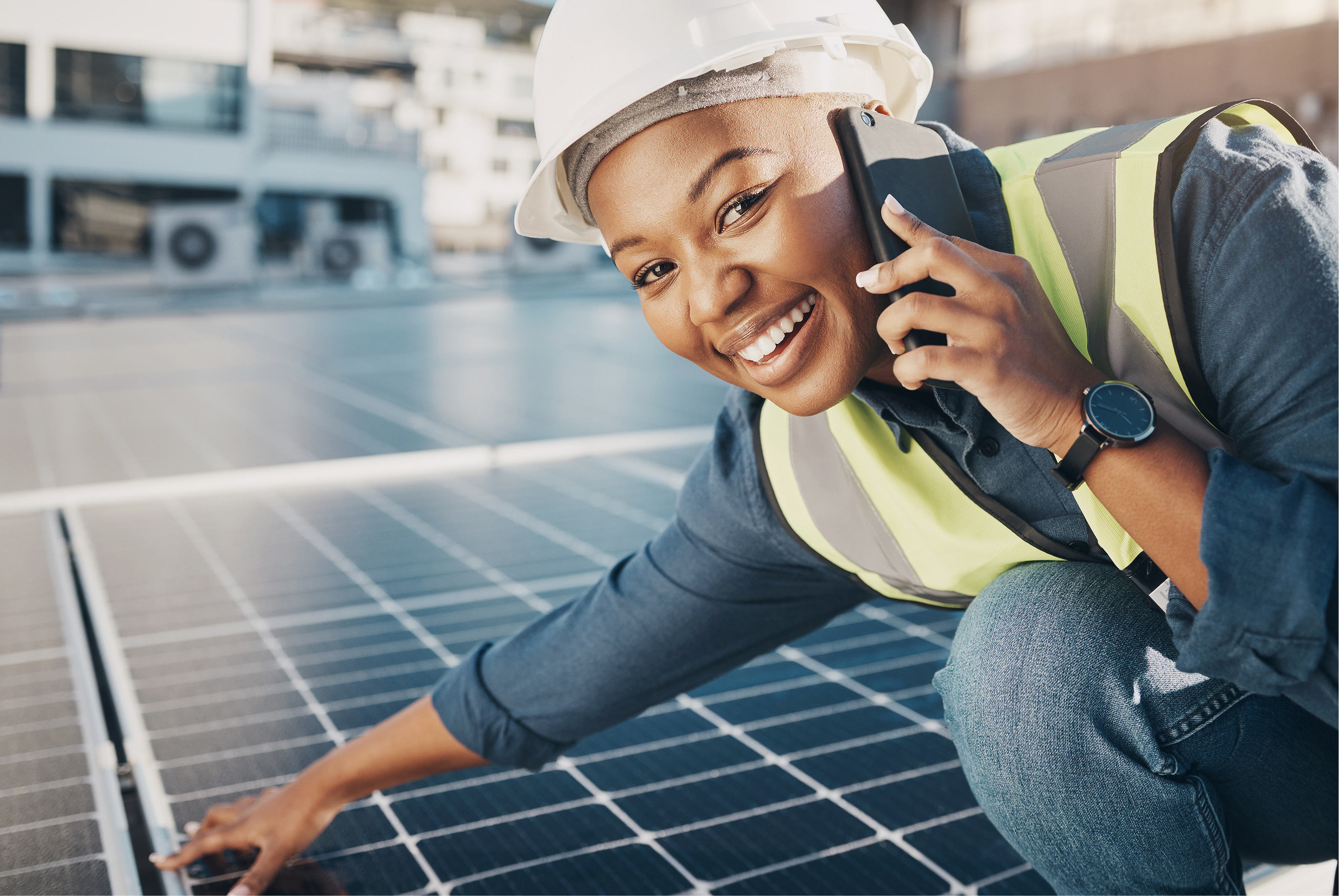 solar technicians in a wheat field